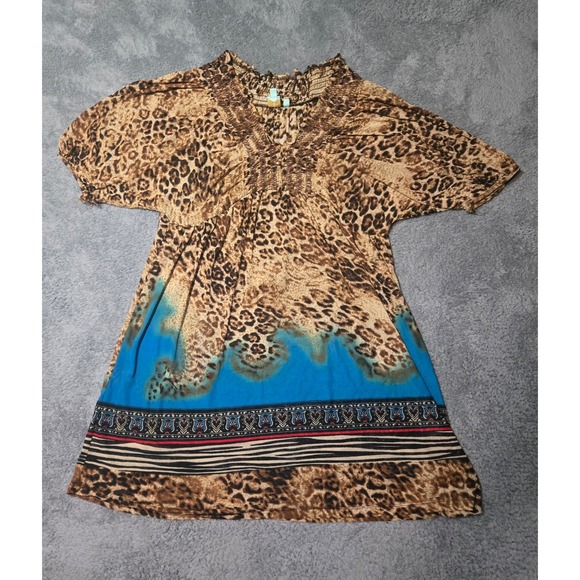 ShuShop Tops - ShuShu Leopard Animal Print Boho Top Size L Smocked Neckline Tribal Border FLAWS